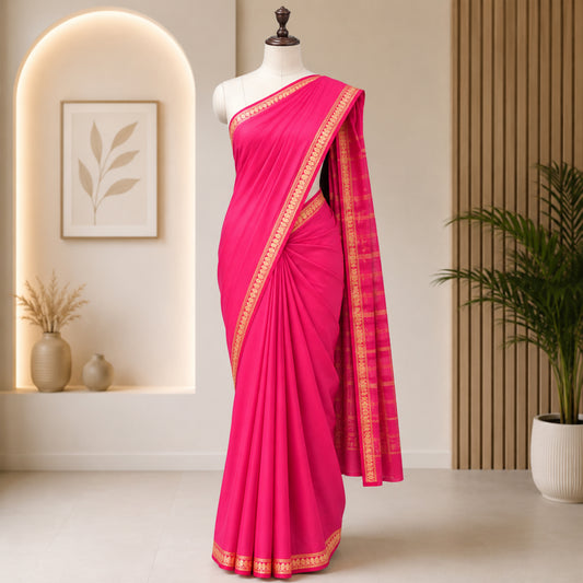 Pink  cotton linen saree with gold zari border