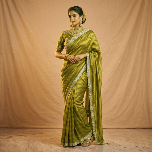 Green georgette saree with stitched blouse