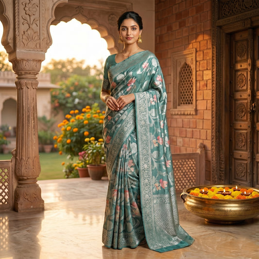 Blue georgette floral print with self weaving thread work