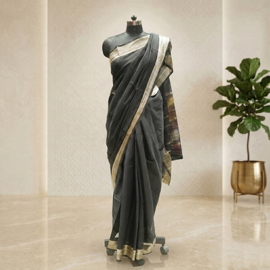 Soft Cotton black saree with Zari border work