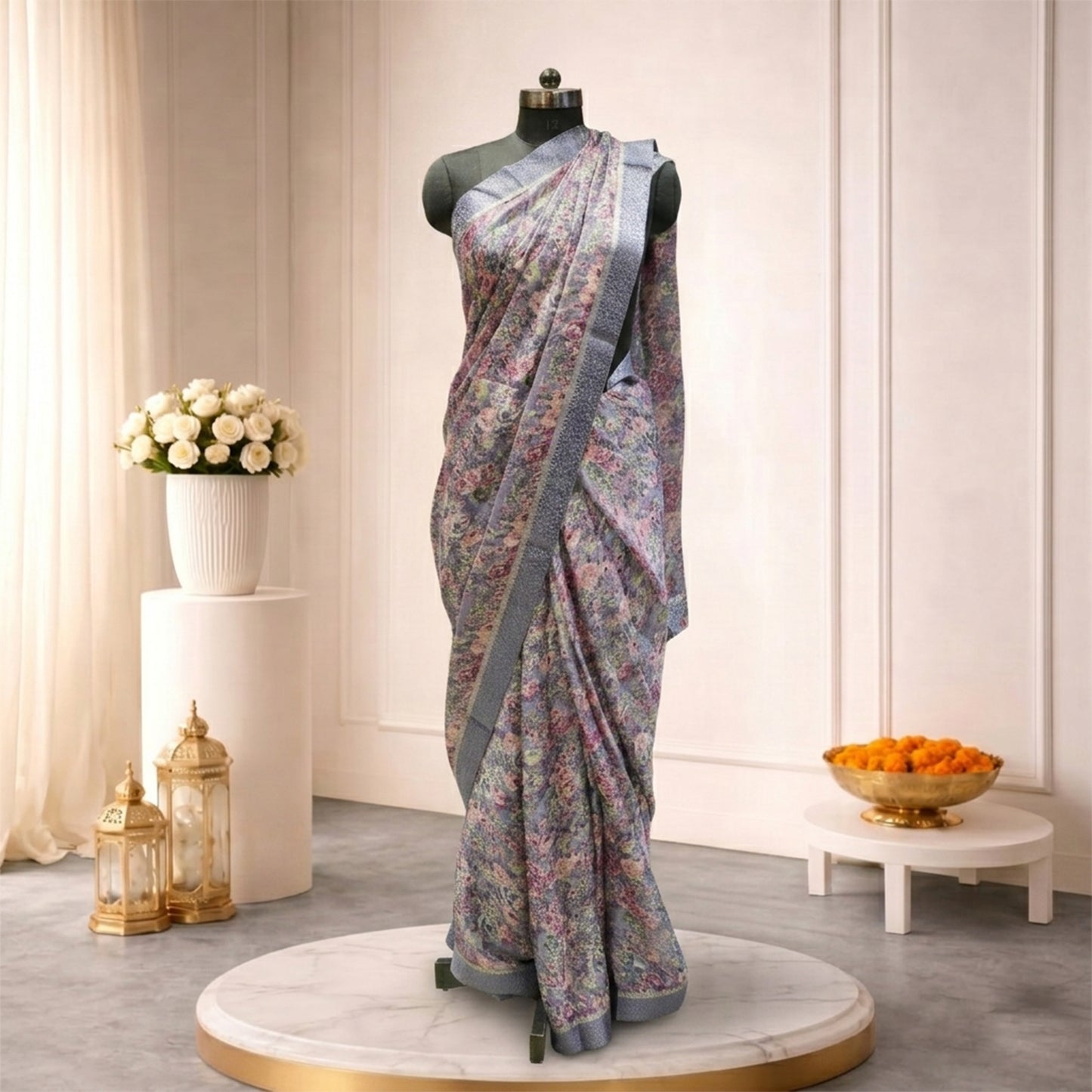 Lilac Blue floral design saree with gold silver zari border