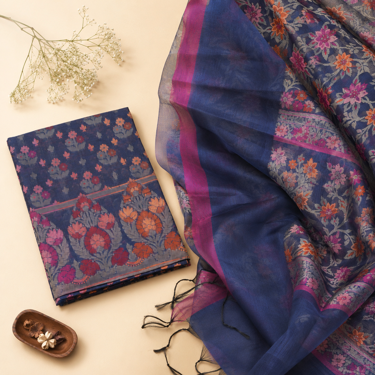 Navy Blue Banarasi Cotton Silk Fabric