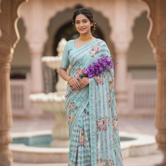 Blue crepe floral saree