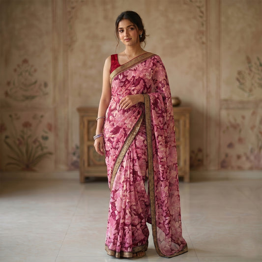 Wine Colour Crepe Saree with floral print