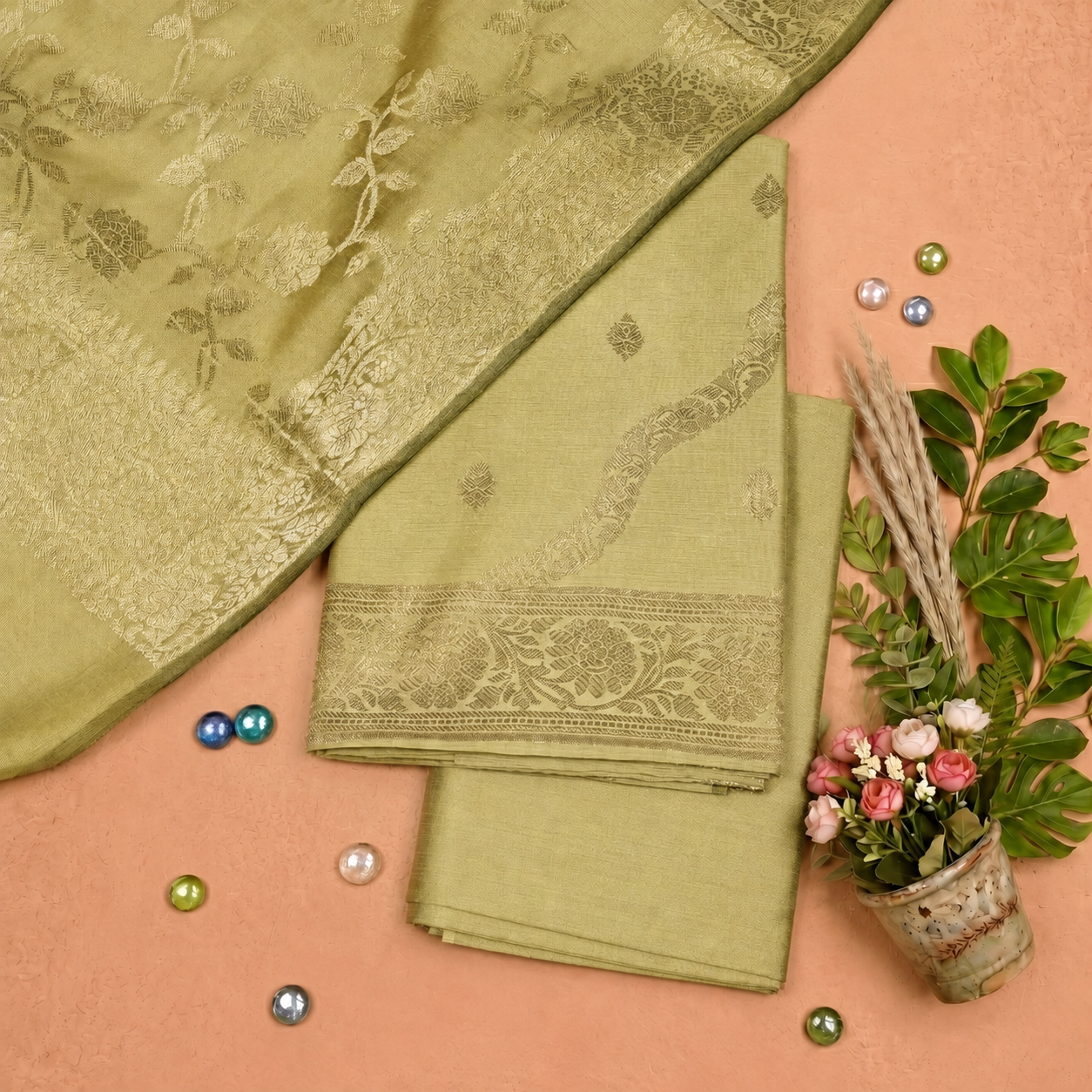 Light Green & Gold Banarasi Silk Fabric