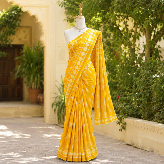 Mustard yellow cotton linen saree with Block print