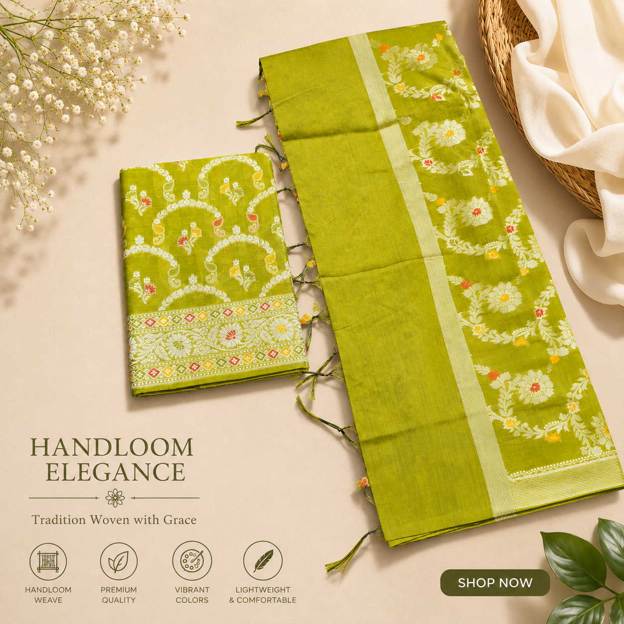 Green Banarasi Cotton Silk Fabric