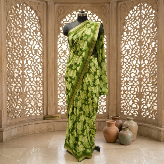 Green crepe saree with floral Print and swaroski border