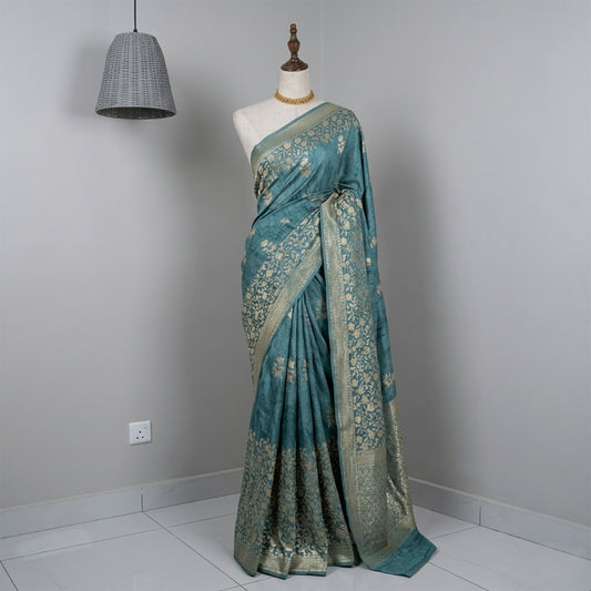 Blue Crepe Saree with Floral Design & Gold Zari Work
