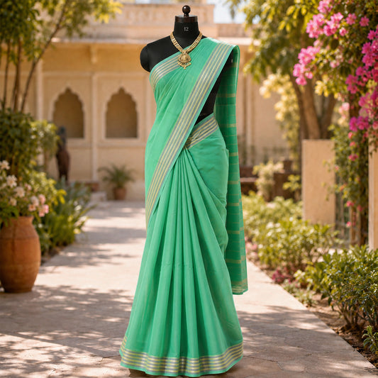 Blue soft cotton saree with zari border