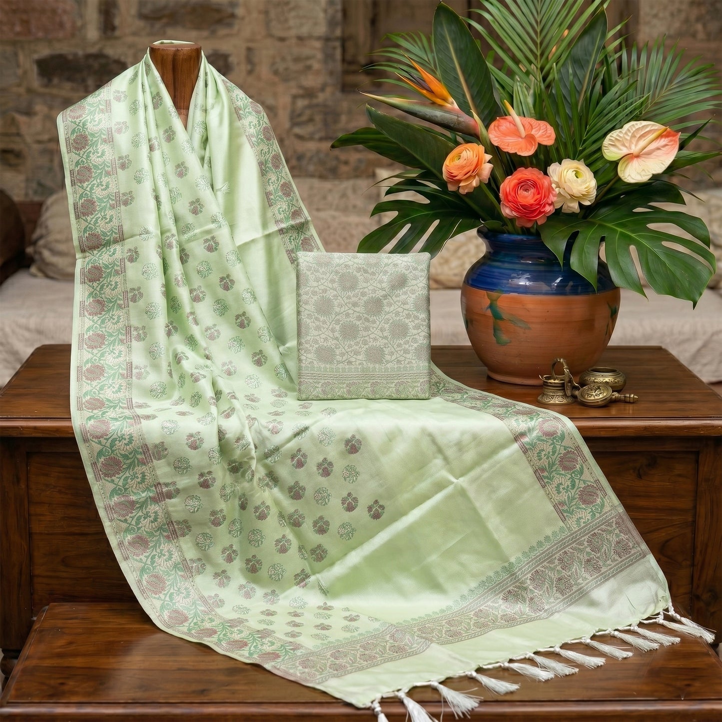 Mint Green Banarasi Silk Fabric