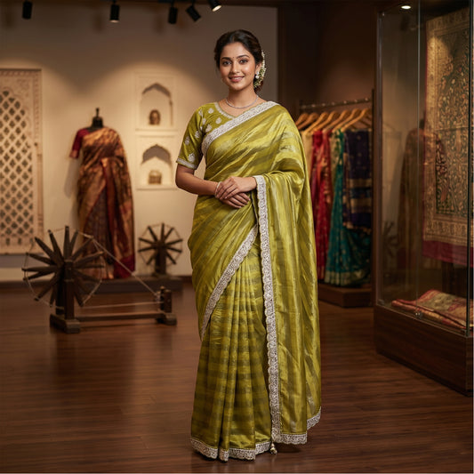 Green georgette saree with stitched blouse