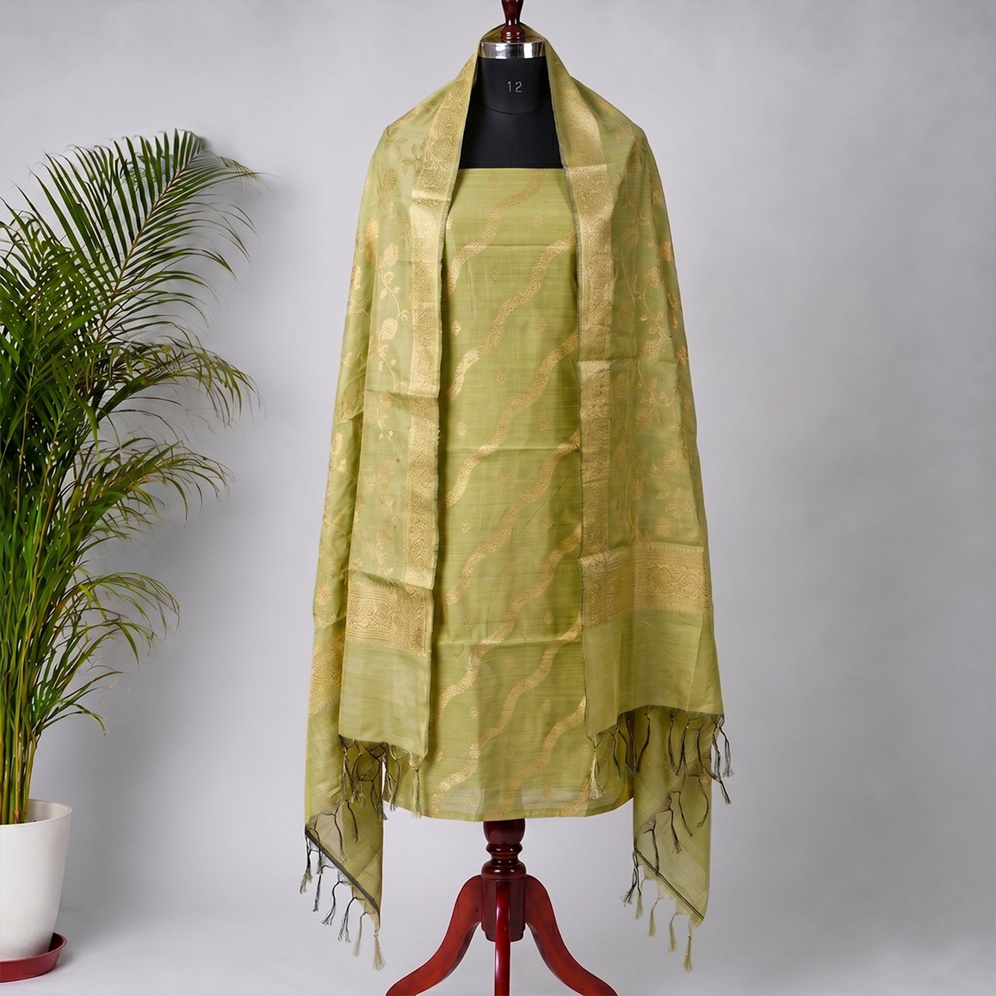 Light Green & Gold Banarasi Silk Fabric