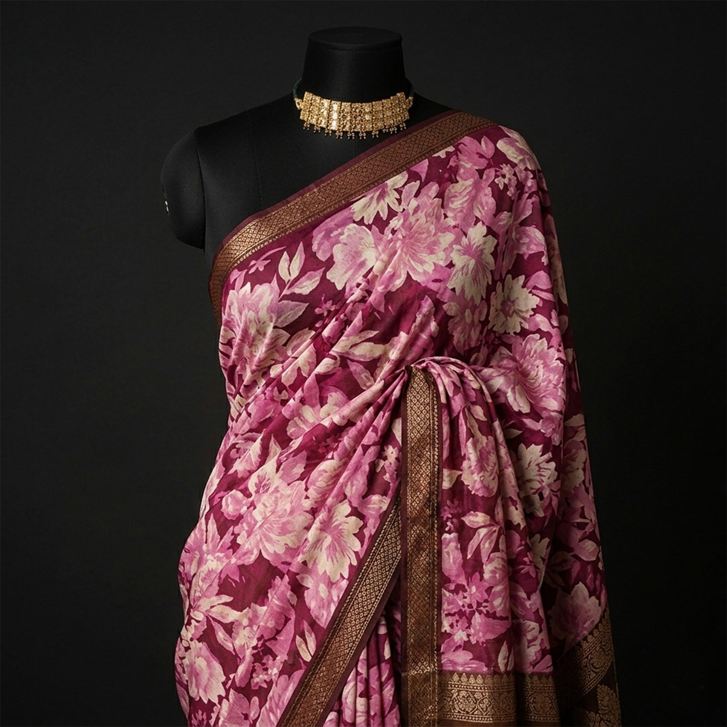 Wine Colour Crepe Saree with floral print
