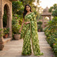 Green crepe saree with floral Print and swaroski border