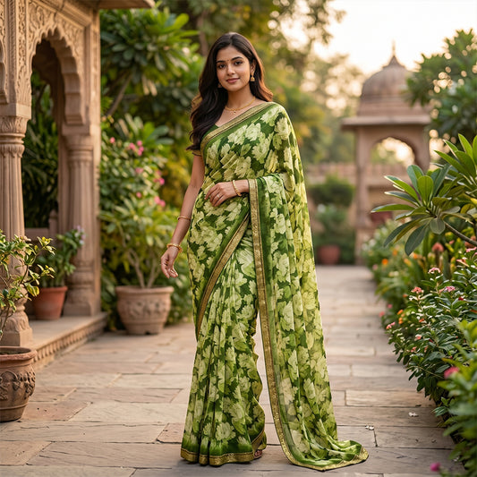 Green crepe saree with floral Print and swaroski border