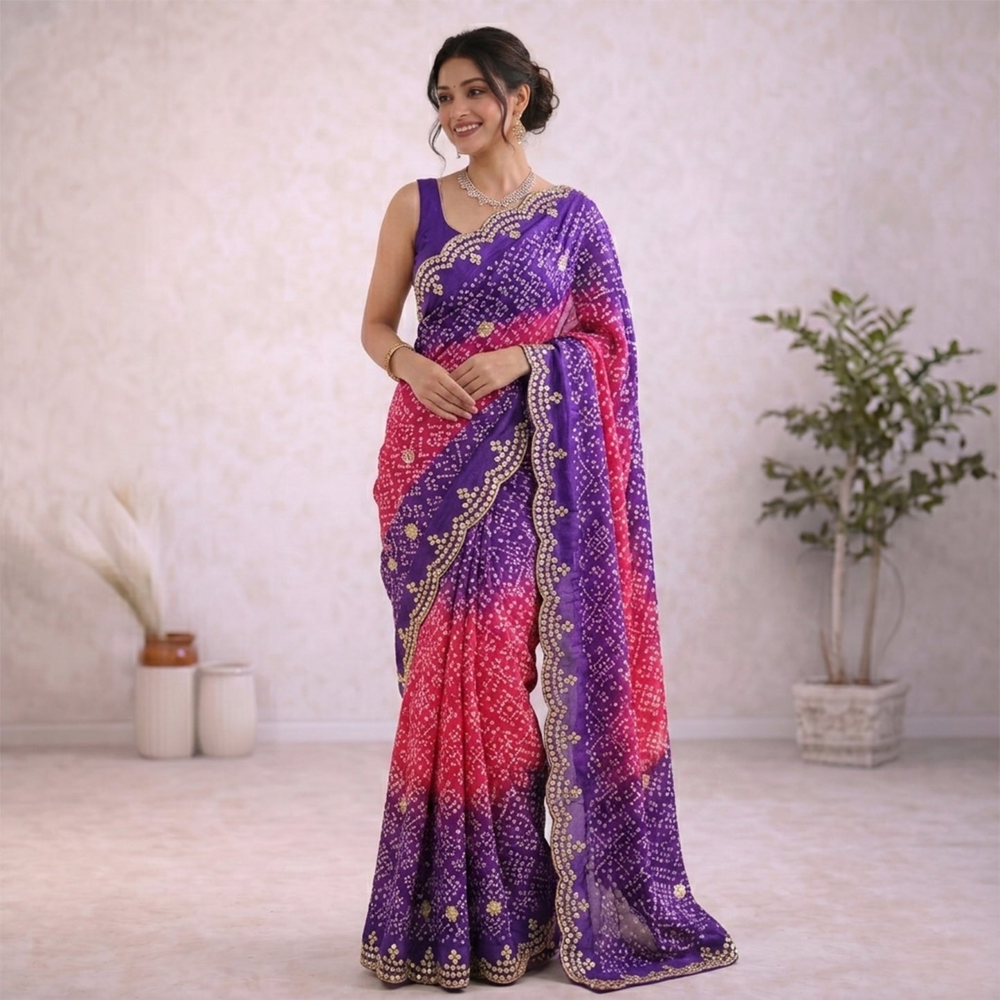 Blue Pink Bandhani Design Italian Crepe Saree
