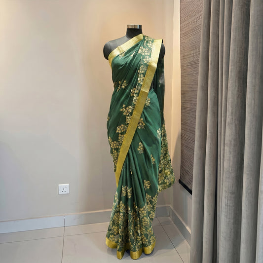 Green Floral Zari Work Chiffon Crepe Saree