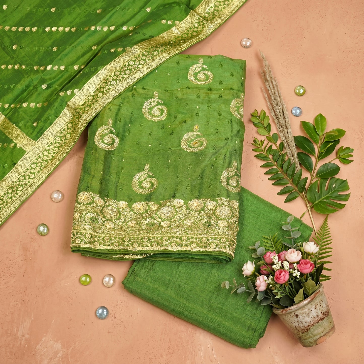 Green Matka Silk 3-Piece Suit Fabric