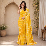 Mustard yellow cotton linen saree with Block print