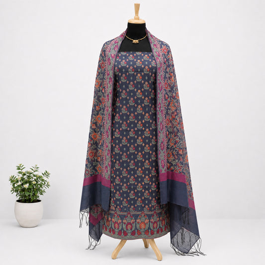 Navy Blue Banarasi Cotton Silk Fabric
