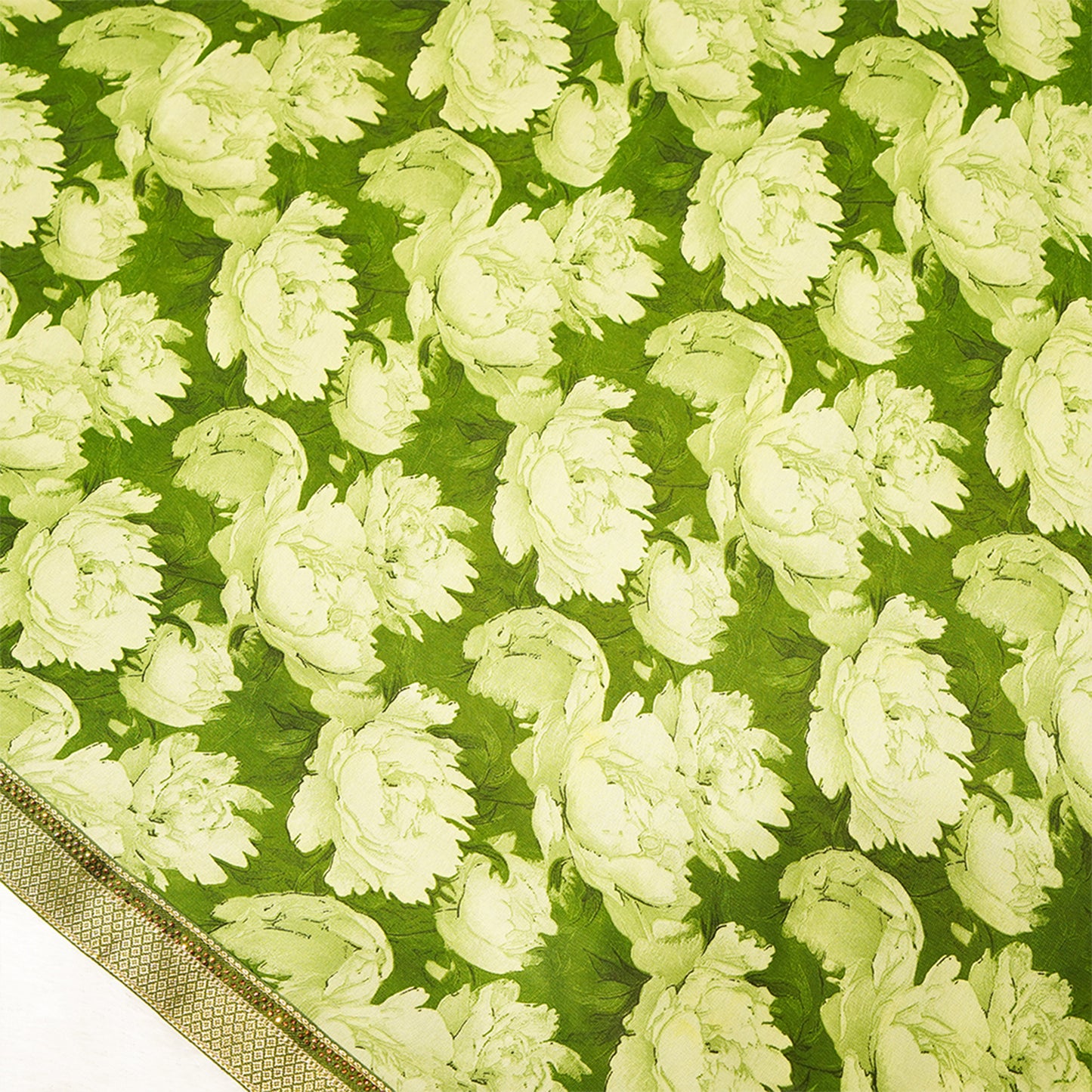 Green crepe saree with floral Print and swaroski border