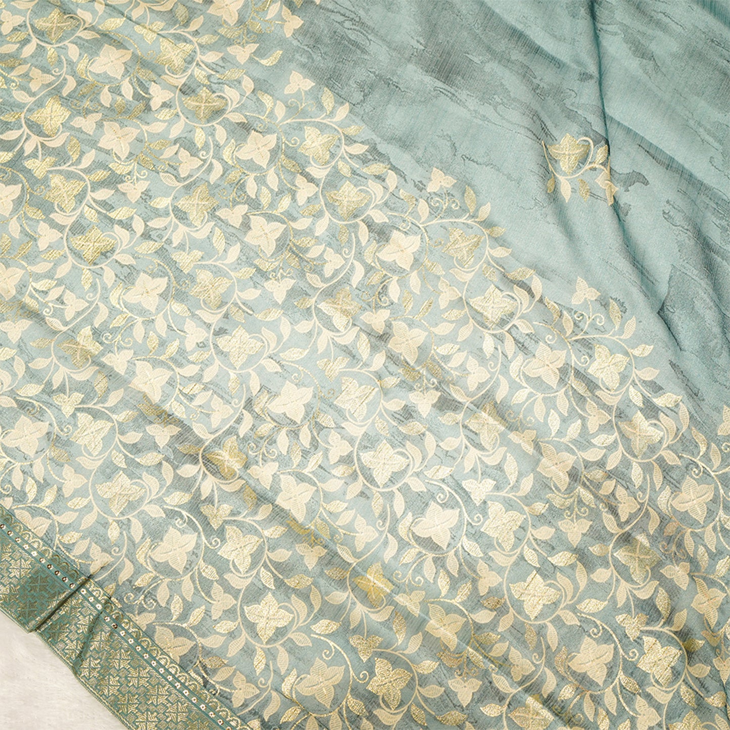 Blue Crepe Saree with Floral Design & Gold Zari Work
