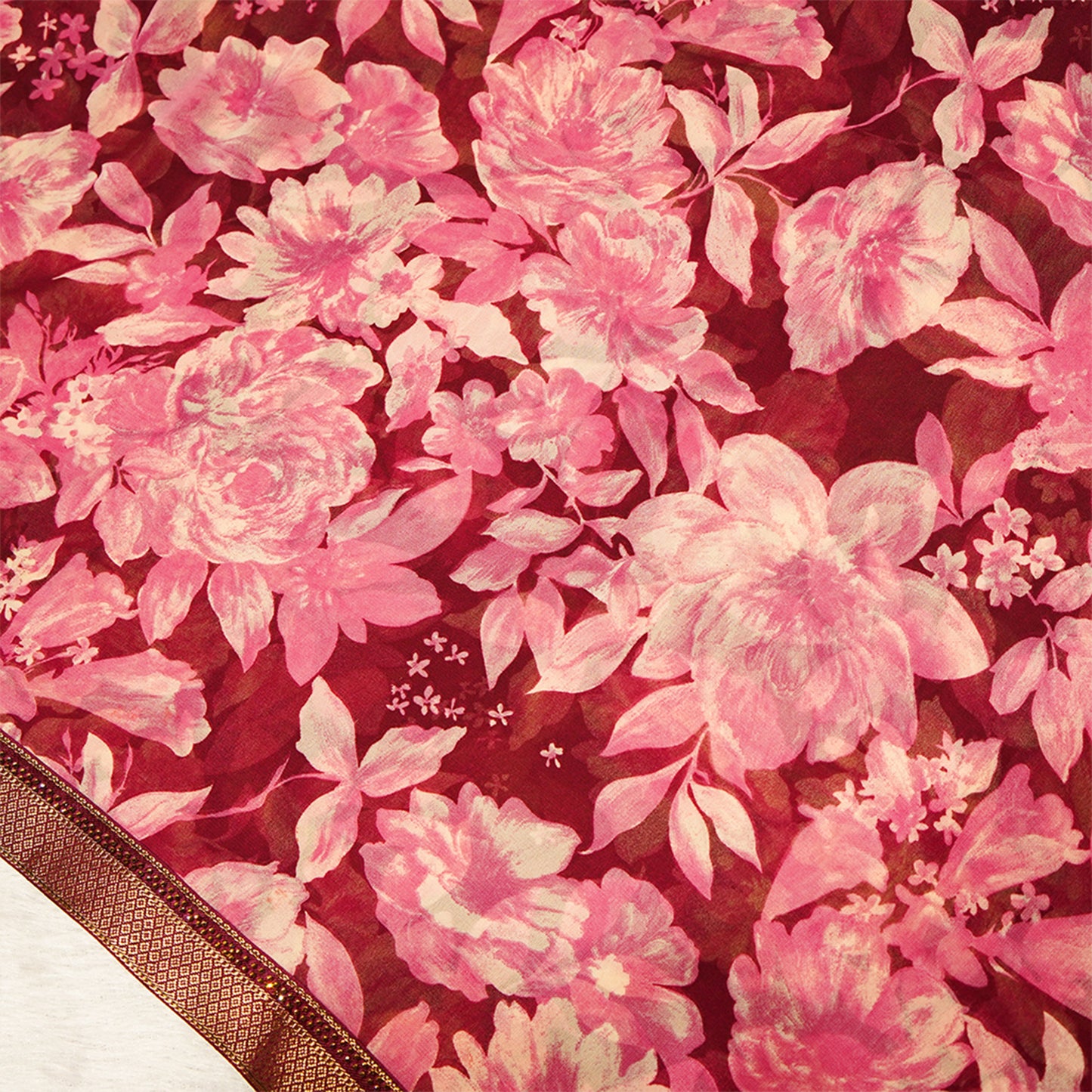Wine Colour Crepe Saree with floral print