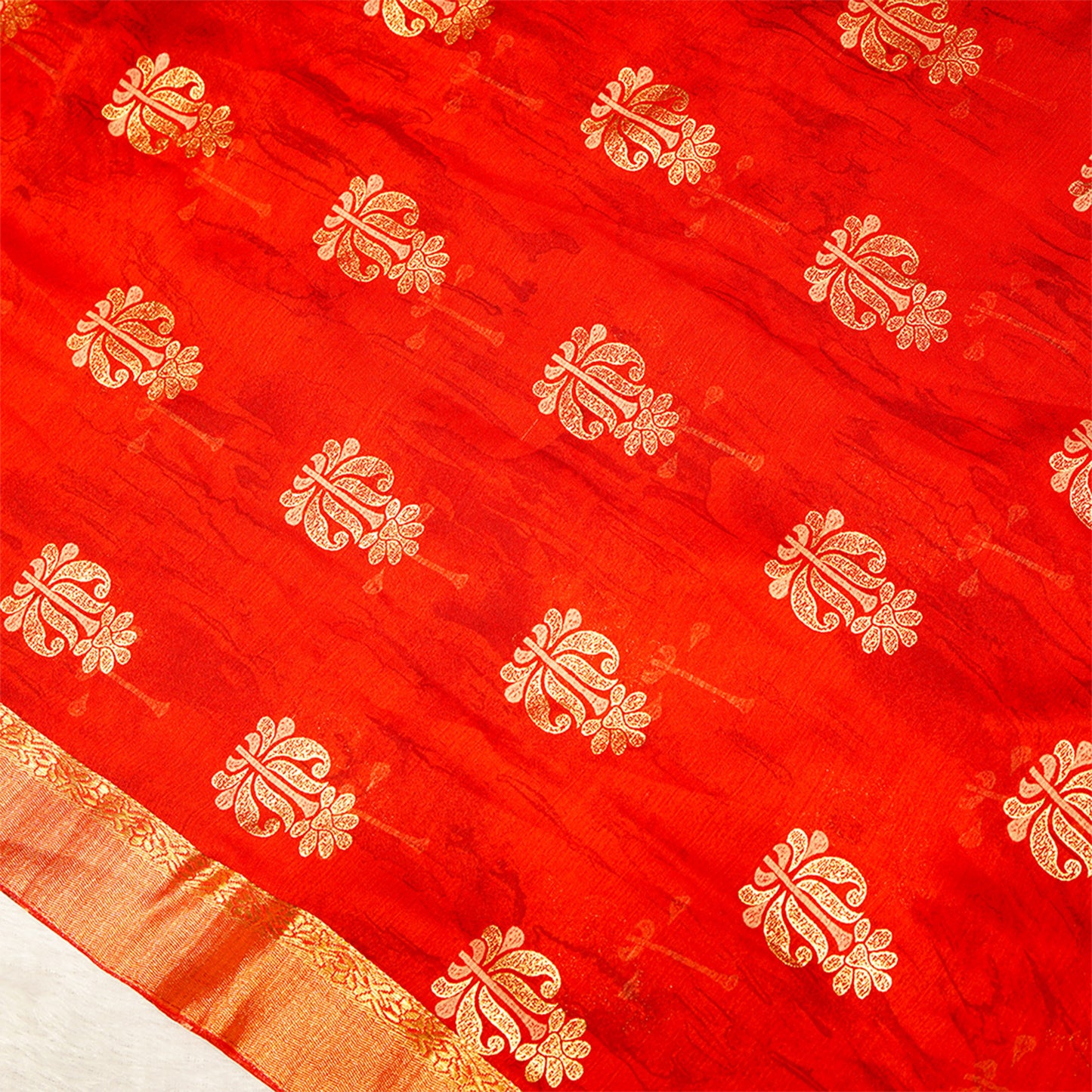Red Floral Gold Zari Work Chiffon Crepe Saree