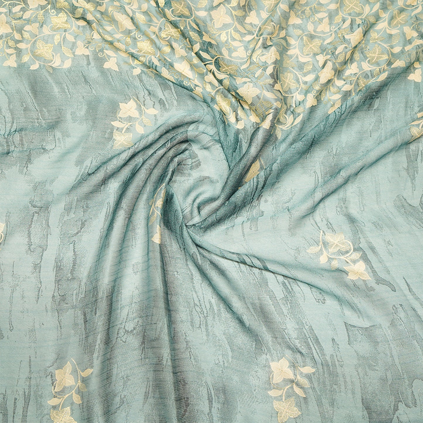 Blue Crepe Saree with Floral Design & Gold Zari Work