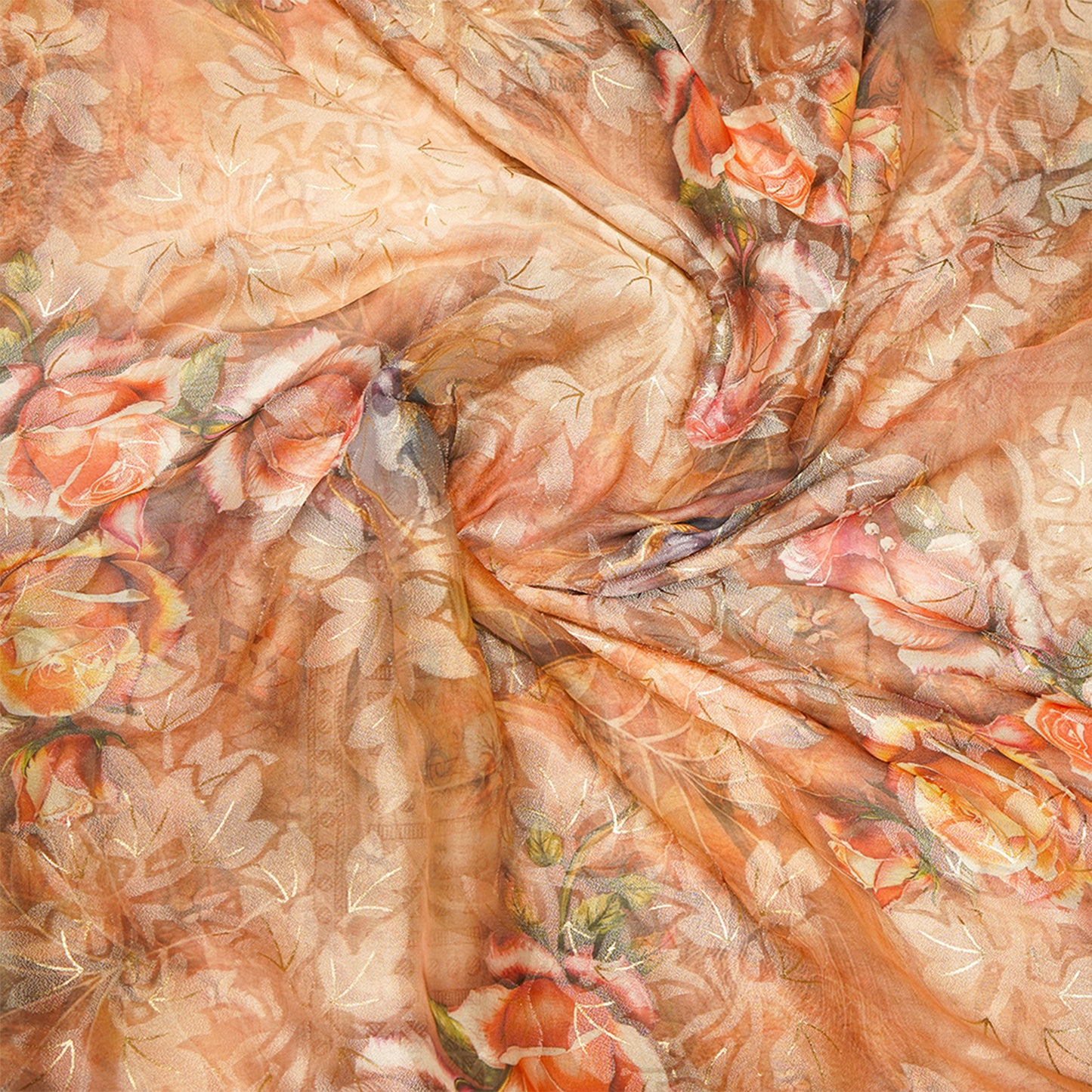 Brown multicolour floral work chiffon saree