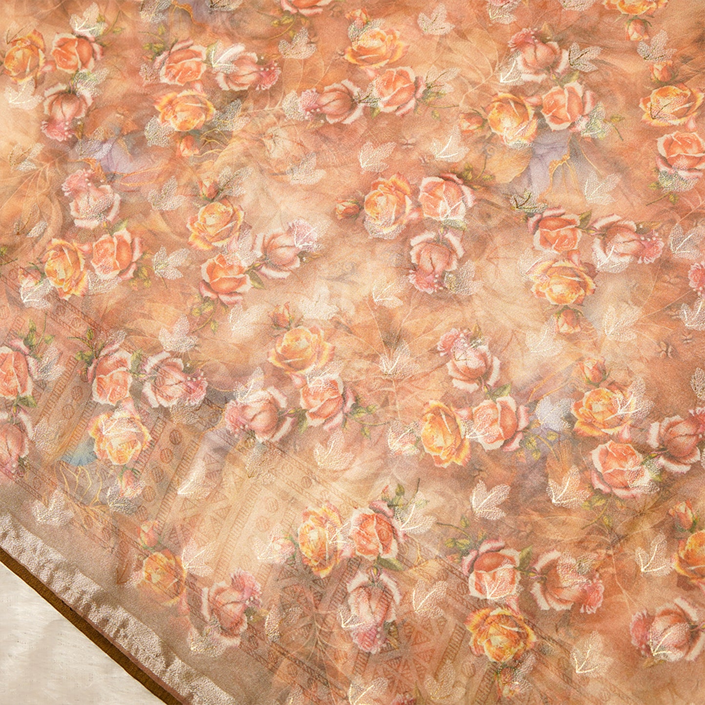 Brown multicolour floral work chiffon saree