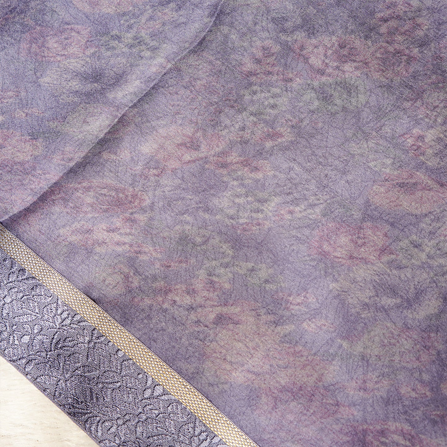 Lilac Blue floral design saree with gold silver zari border