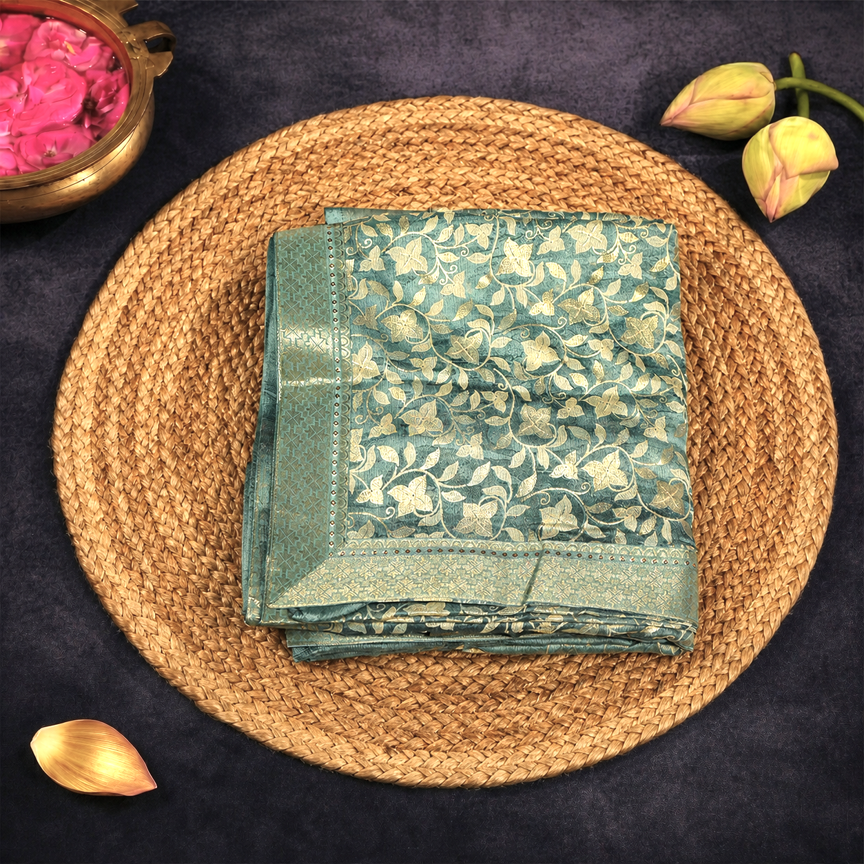 Blue Crepe Saree with Floral Design & Gold Zari Work
