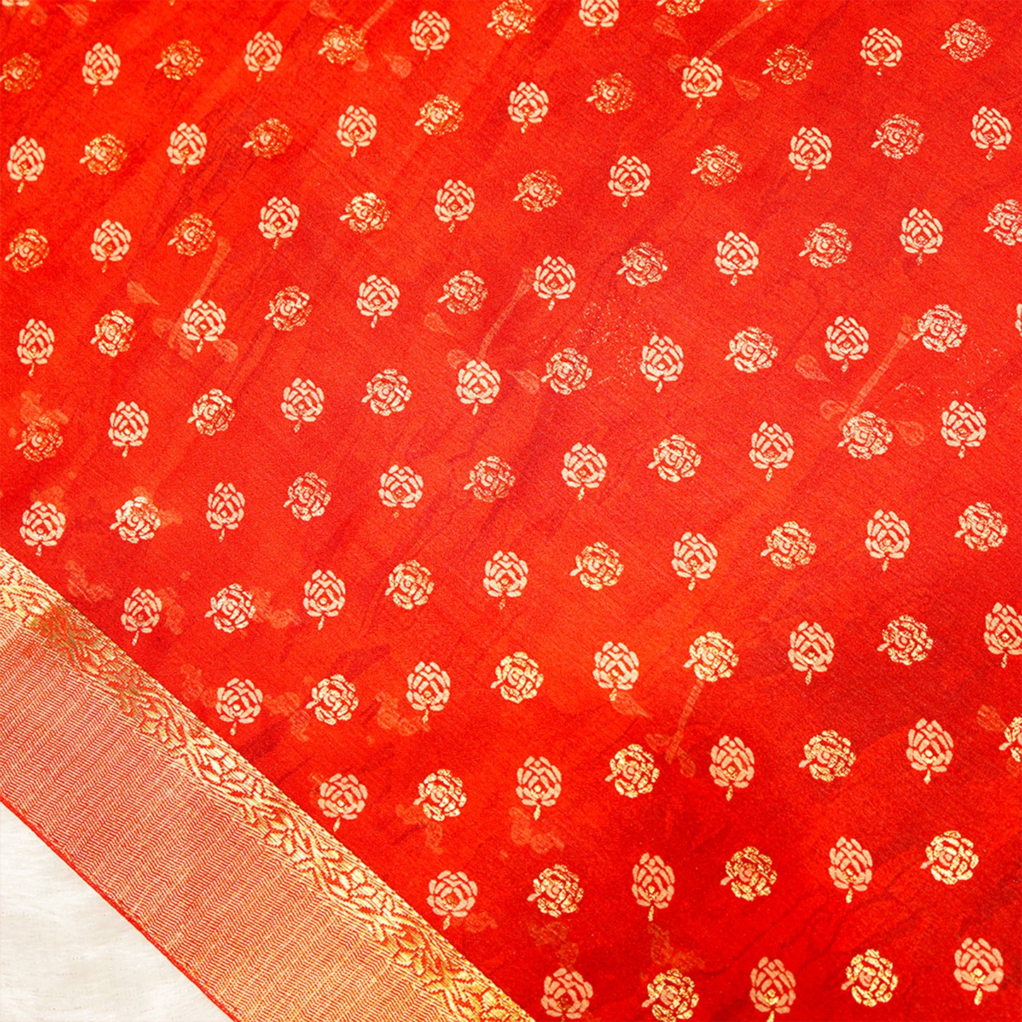 Red Floral Gold Zari Work Chiffon Crepe Saree