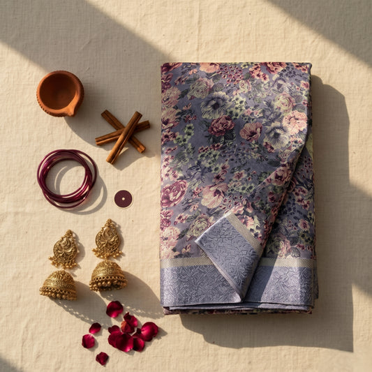 Lilac Blue floral design saree with gold silver zari border