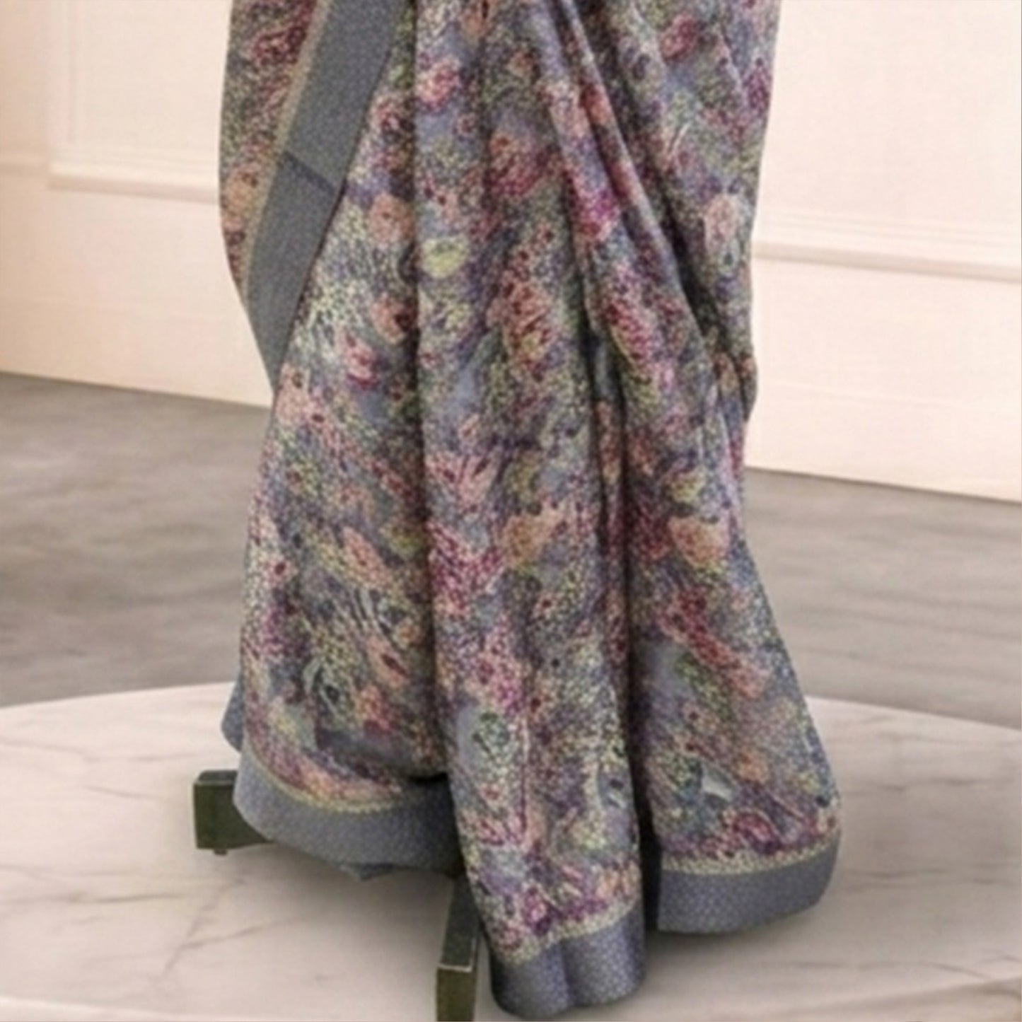 Lilac Blue floral design saree with gold silver zari border
