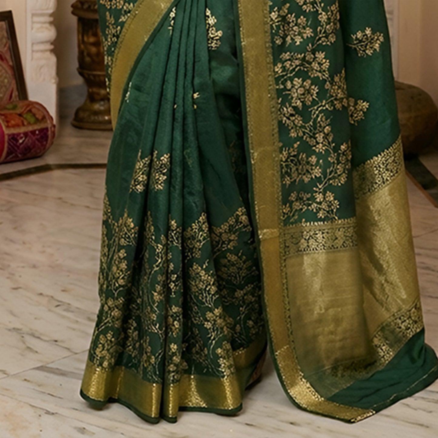 Green Floral Zari Work Chiffon Crepe Saree