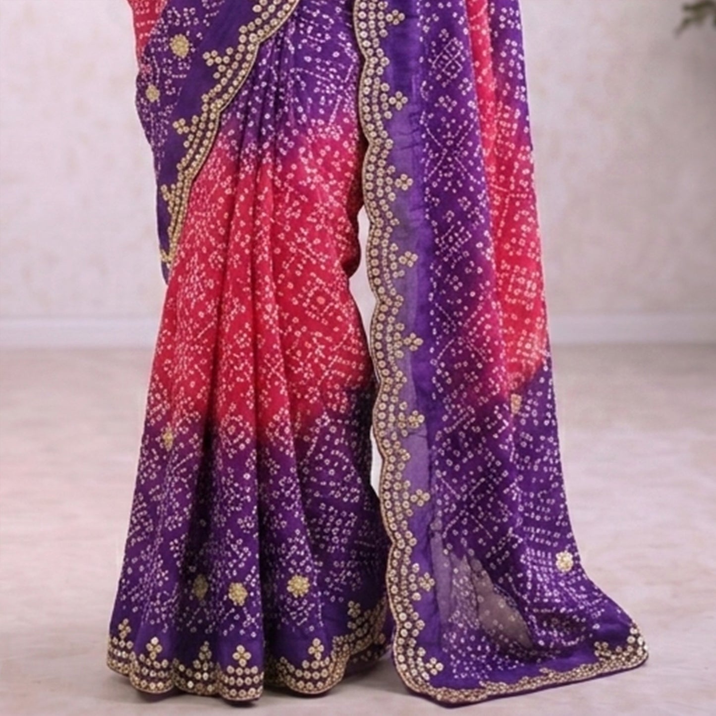Blue Pink Bandhani Design Italian Crepe Saree
