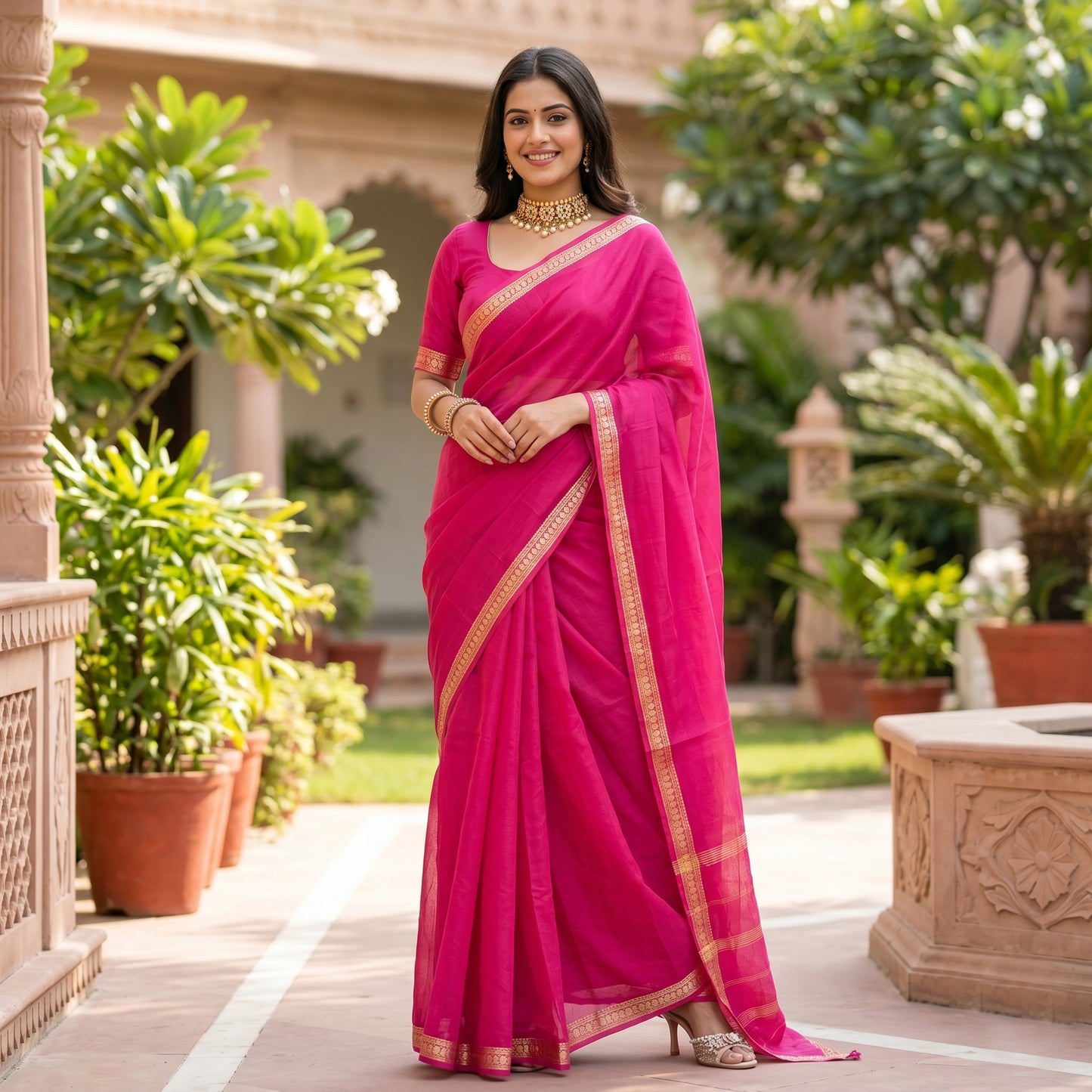 Pink  cotton linen saree with gold zari border
