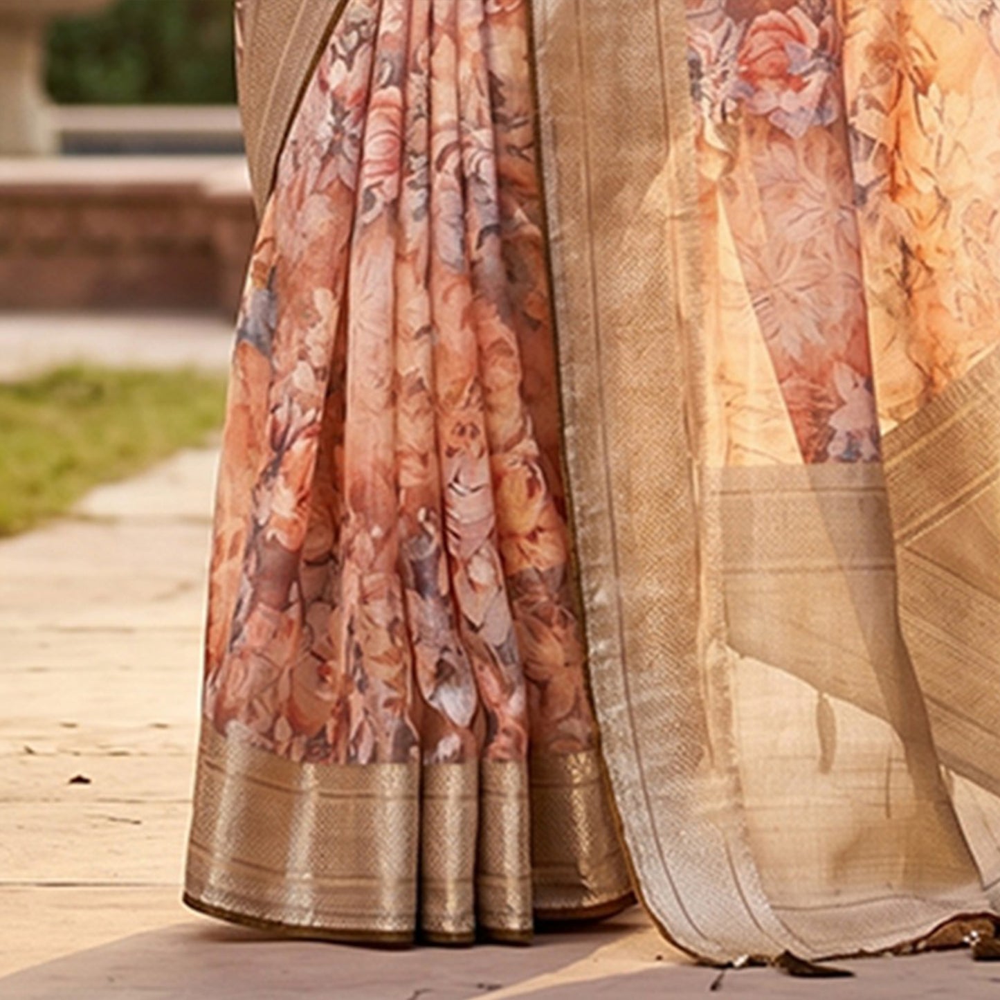 Brown multicolour floral work chiffon saree