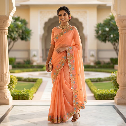 Orange Soft Cotton Linen Saree