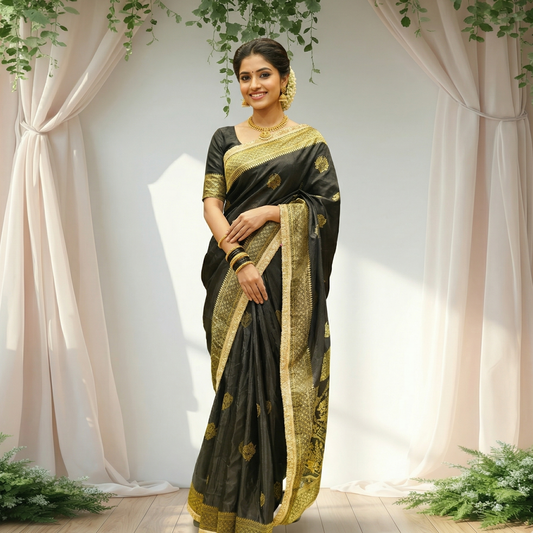 Elegant Black Dola Silk Saree with Golden Zari Buti & Heavy Border Work