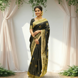 Elegant Black Dola Silk Saree with Golden Zari Buti & Heavy Border Work