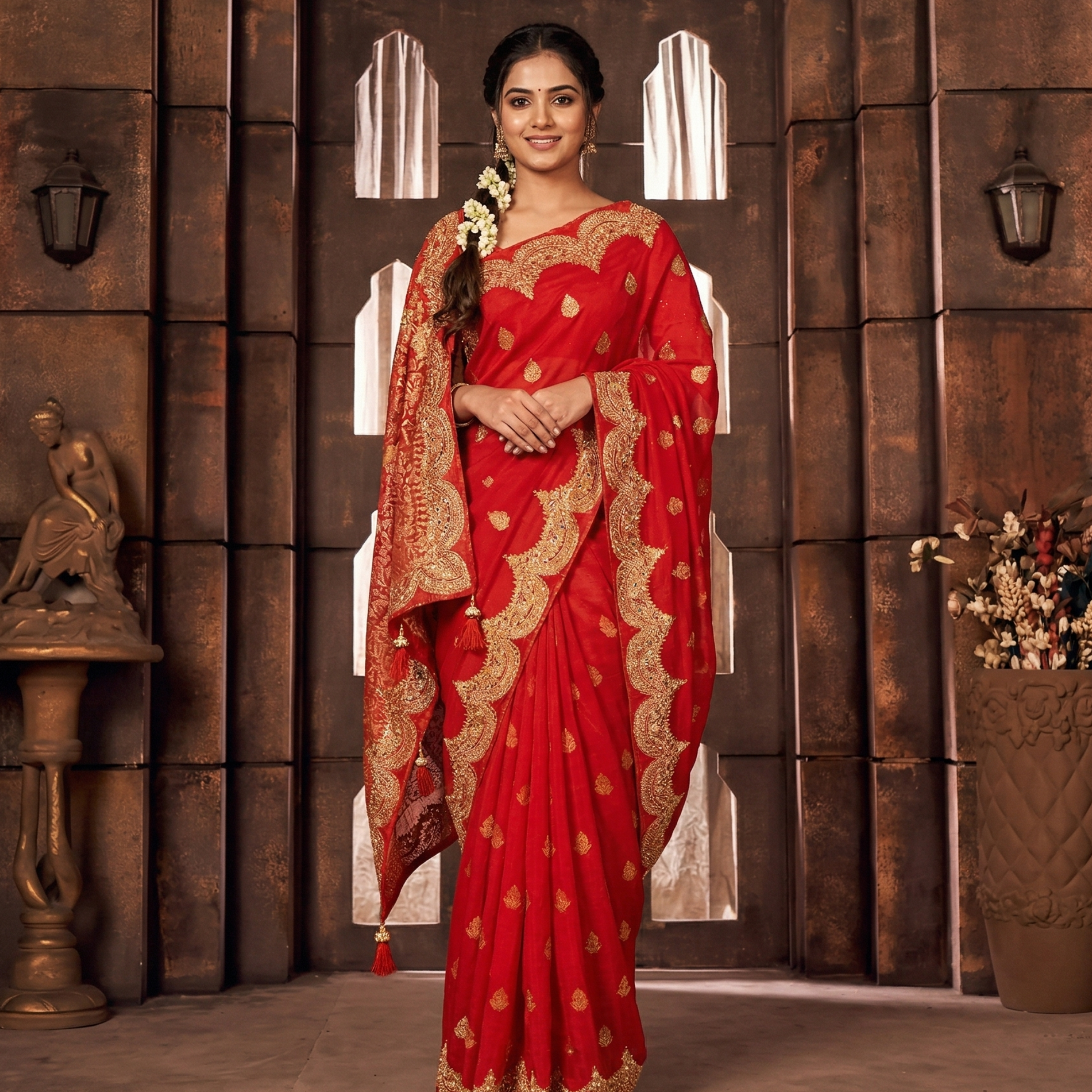 Elegant Red Crepe Saree with Swarovski & Golden Buti Work (All Over)