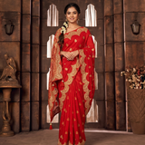 Elegant Red Crepe Saree with Swarovski & Golden Buti Work (All Over)
