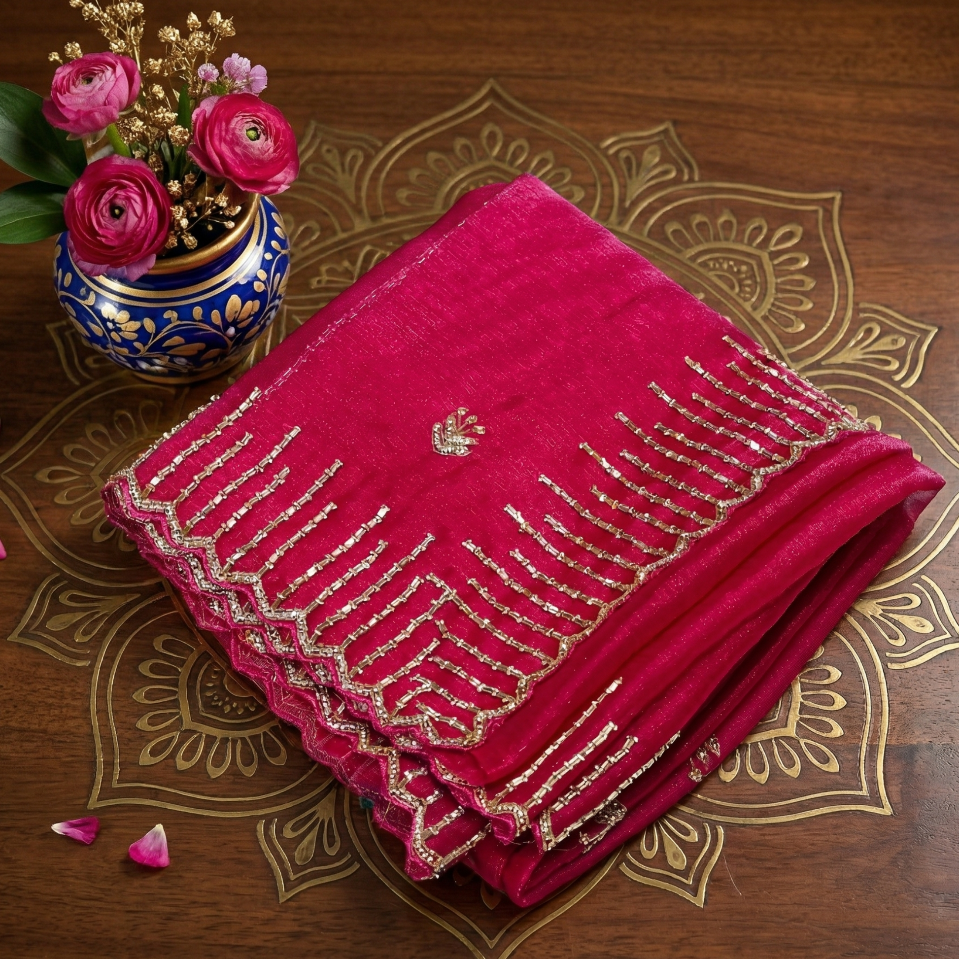 Pink embroidered fabric on a wooden surface with a decorative mandala and flowers.