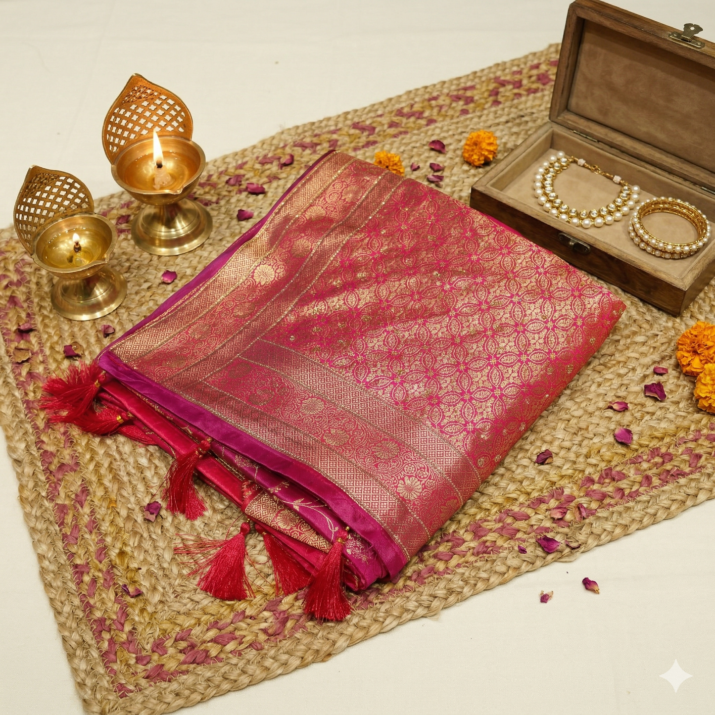 Pink Orange Multicolour Floral Zari Saree