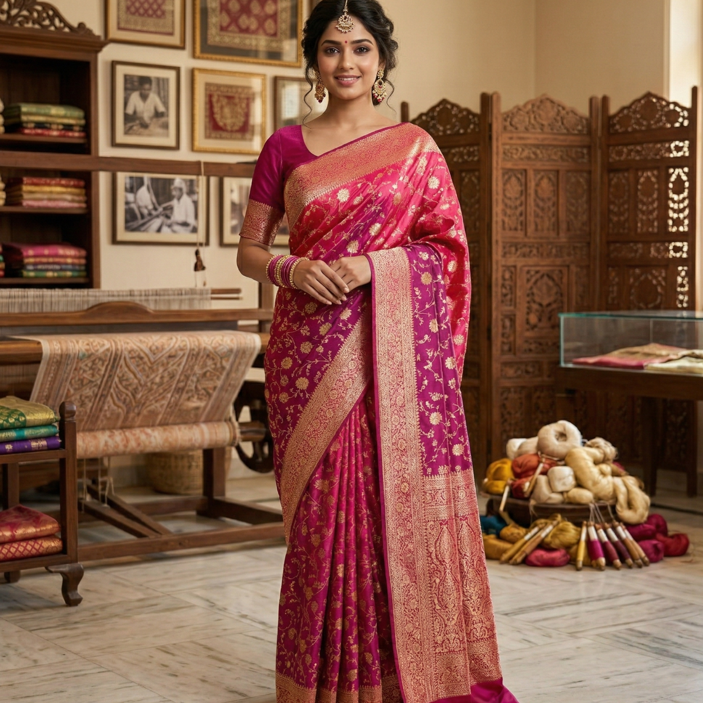 Pink Orange Multicolour Floral Zari Saree