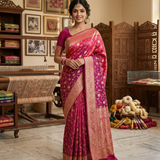 Pink Orange Multicolour Floral Zari Saree